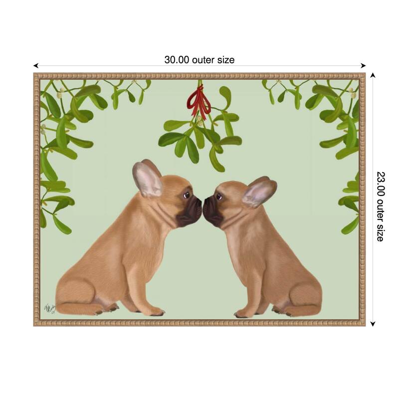 French Bulldogs and Mistletoe by Fab Funky (30 x 23 in.), Framed Canvas Wall Art Print - Sylvie Beaded Rustic Natural