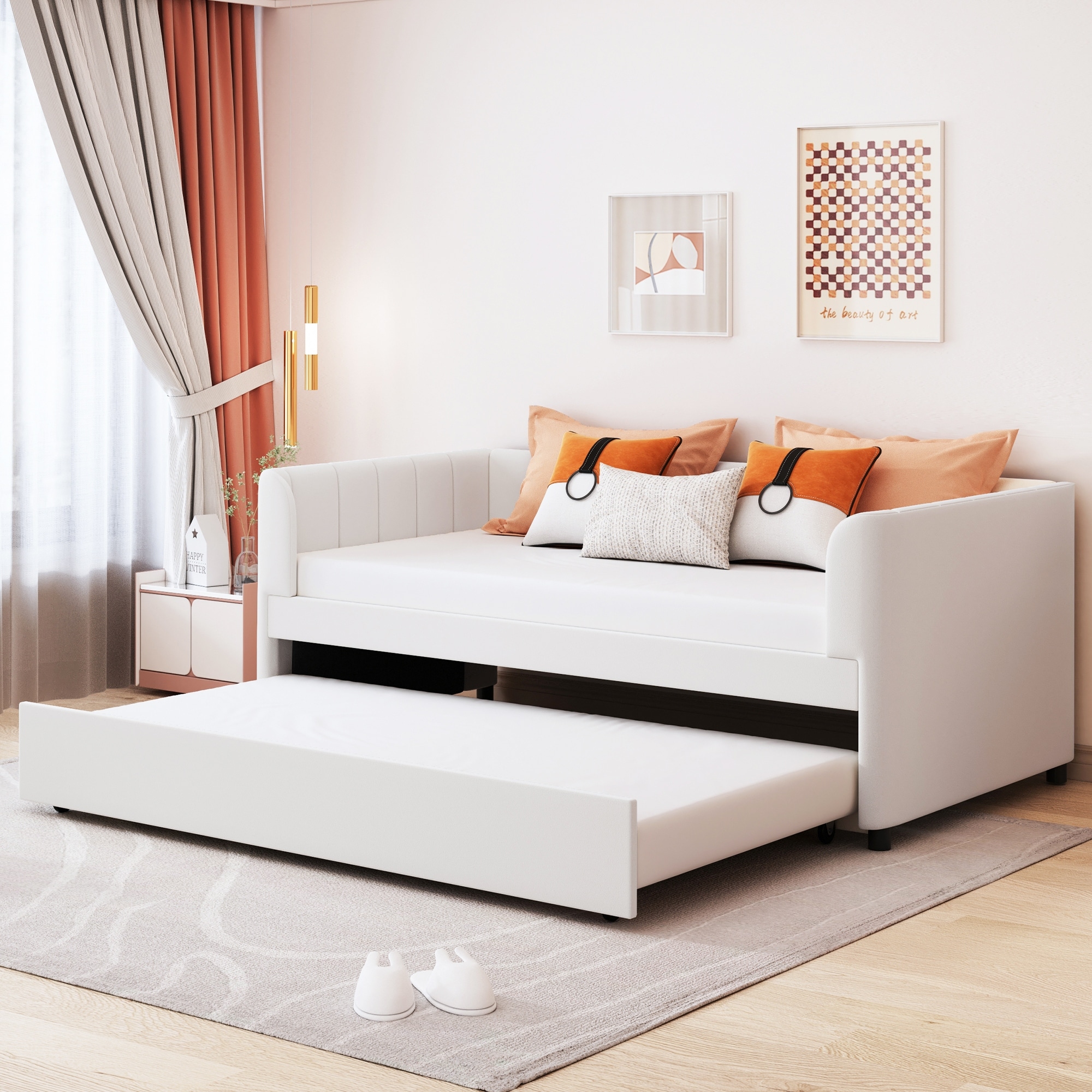 Twin Size Velvet Upholstered Daybed Frame with Trundle, Ergonomic Design Backrest