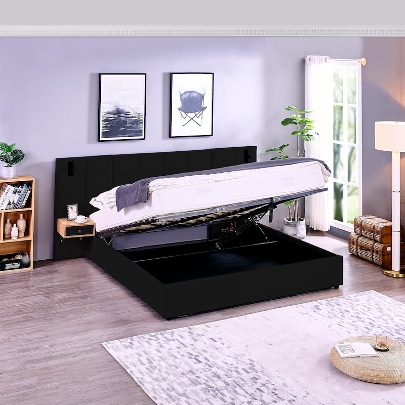 King Size Storage Velvet Upholstered Hydraulic Platform Bed with 2 Shelves, 2 Reading Lamps and USB Port