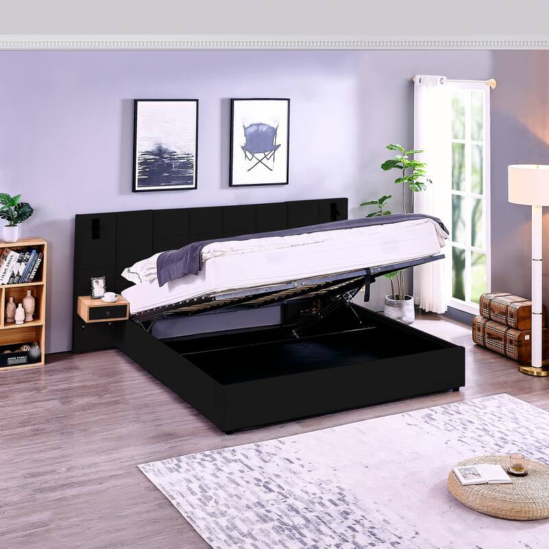 King Size Velvet Upholstered Hydraulic Platform Bed with Storage, Shelves, Reading Lamps, and USB Port