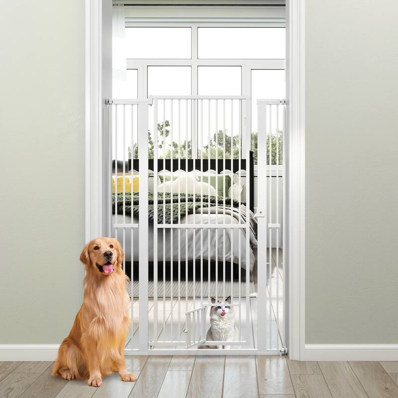 White Galvanized Metal Extra-Tall Adjustable Pet Gate with Safety Lock and Small Door