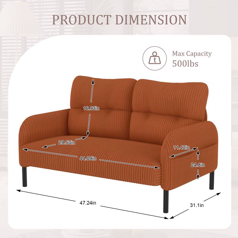 Small Corduroy Upholstered Loveseat Sofa, Lounge Sofa Chair with Double Side Pockets, High-Density Sponge 2 Seater Sofa