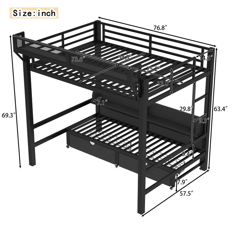 Twin XL over Twin XL Bunk Bed with Storage & Drawers, USB Ports & LED Lights, Convertible Sofa Lower Bed