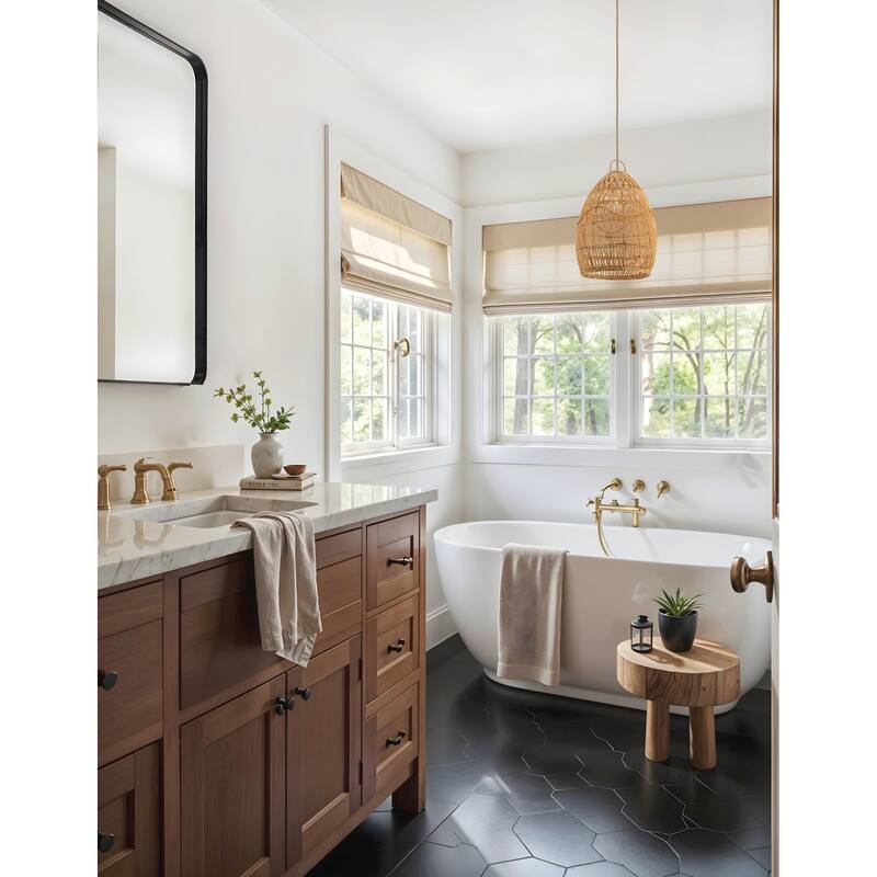 Perio Brown Rattan Pendant Light – Medium Rattan Pendant Lighting Fixture for Kitchen & Bedroom in Modern, Scandinavian Style