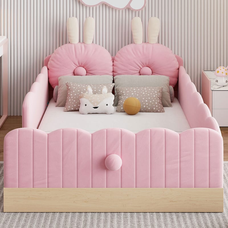Twin Size Upholstered Bed with Bunny Ear Shape Pillows and Rabbit Tail Footboard, Storage Bags, Wave Frame Platform Bed