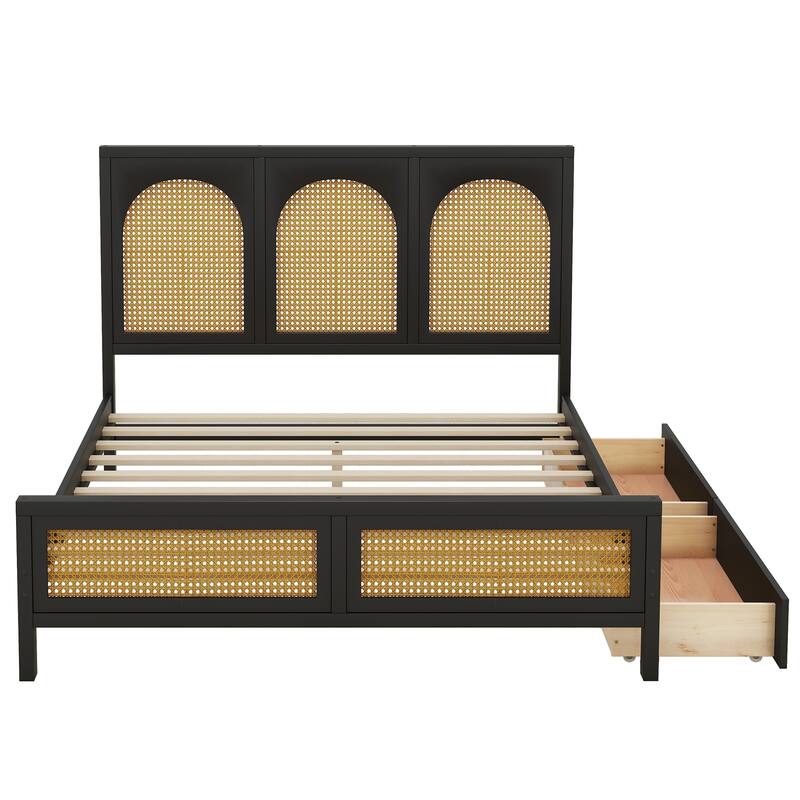 Pine Wood Platform Bed with 2 Drawers & Rattan