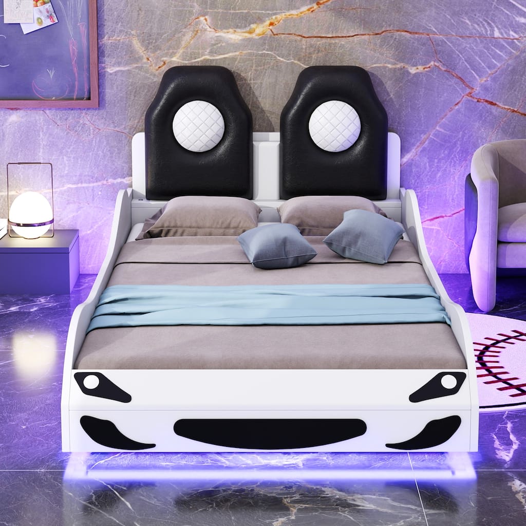 Wood Twin Size Race Car-Shaped Kids Platform Bed with LED and Upholstered Backrest, Bedroom Floor Bed Wood Frame for Kids Teens