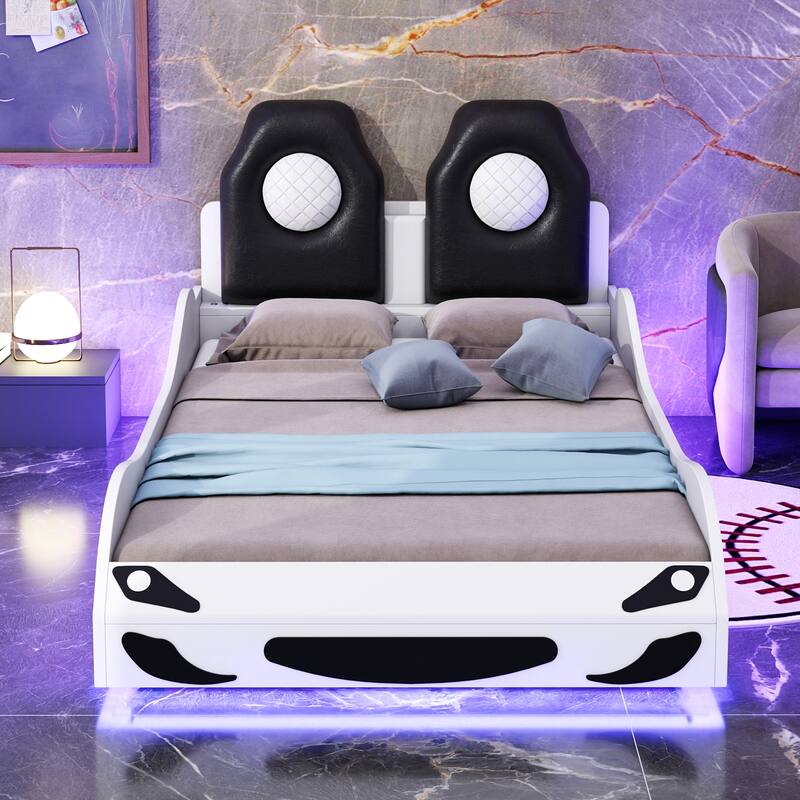 Wood Twin Size Race Car-Shaped Platform Bed With Led And Upholstered Backrest
