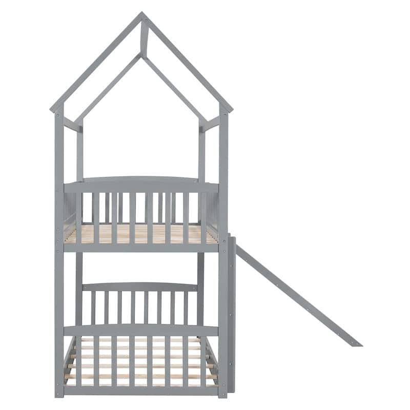 Twin Over Twin Bunk Bed with Slide, House Bed with Slide, Gray
