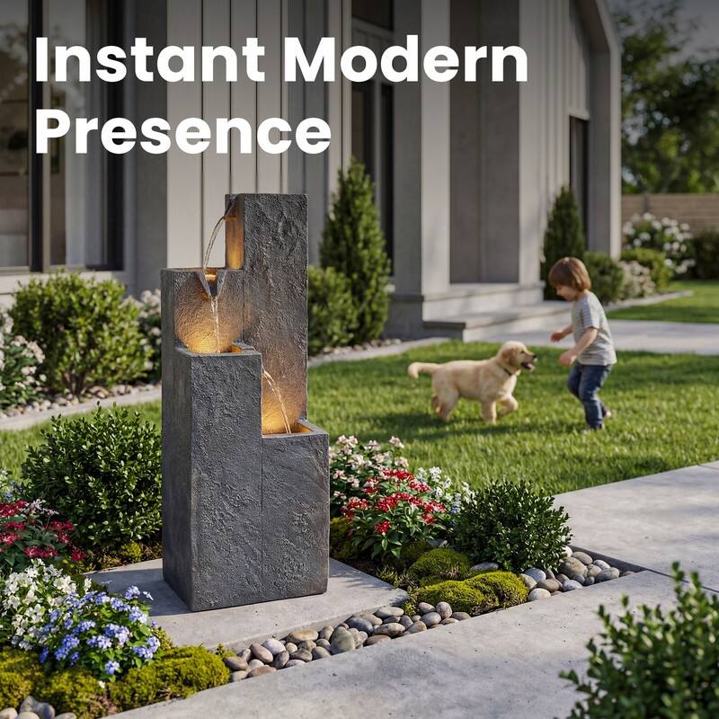Vbal Modern Minimalist 4-Tier Outdoor Flowing Geometric Floor Fountain with 3 Warm LED Lights