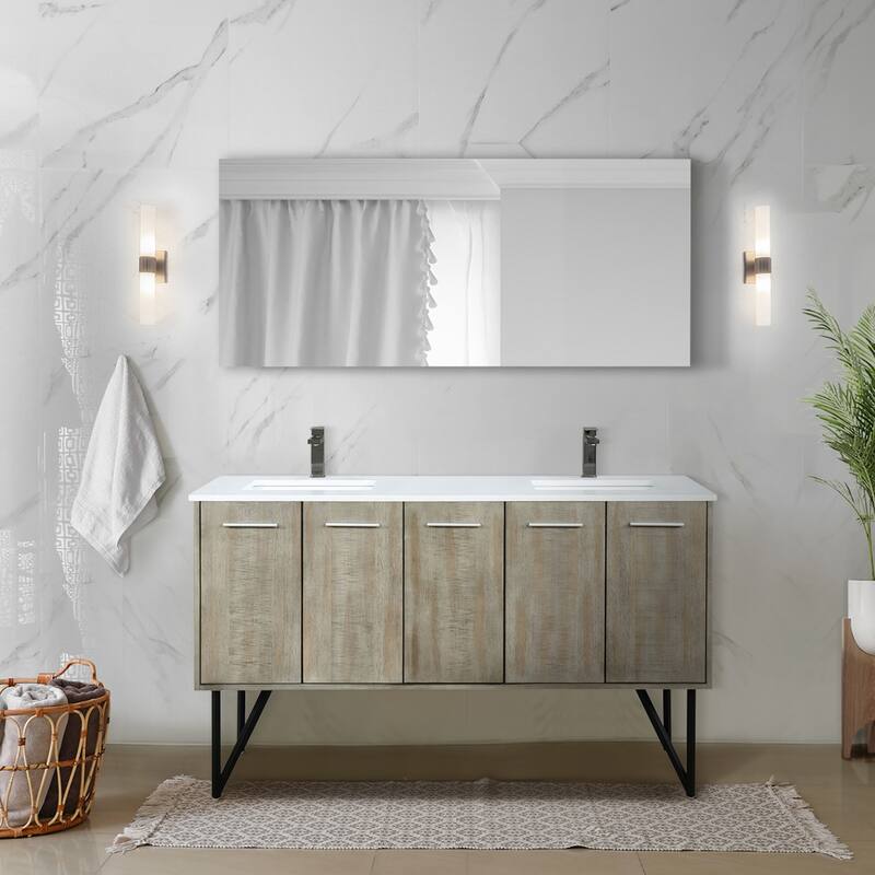 Lancy 60 in W x 20 in D Rustic Acacia Double Bath Vanity, White Quartz Top, Brushed Nickel Faucet Set and 55 in Mirror - Metal Finish