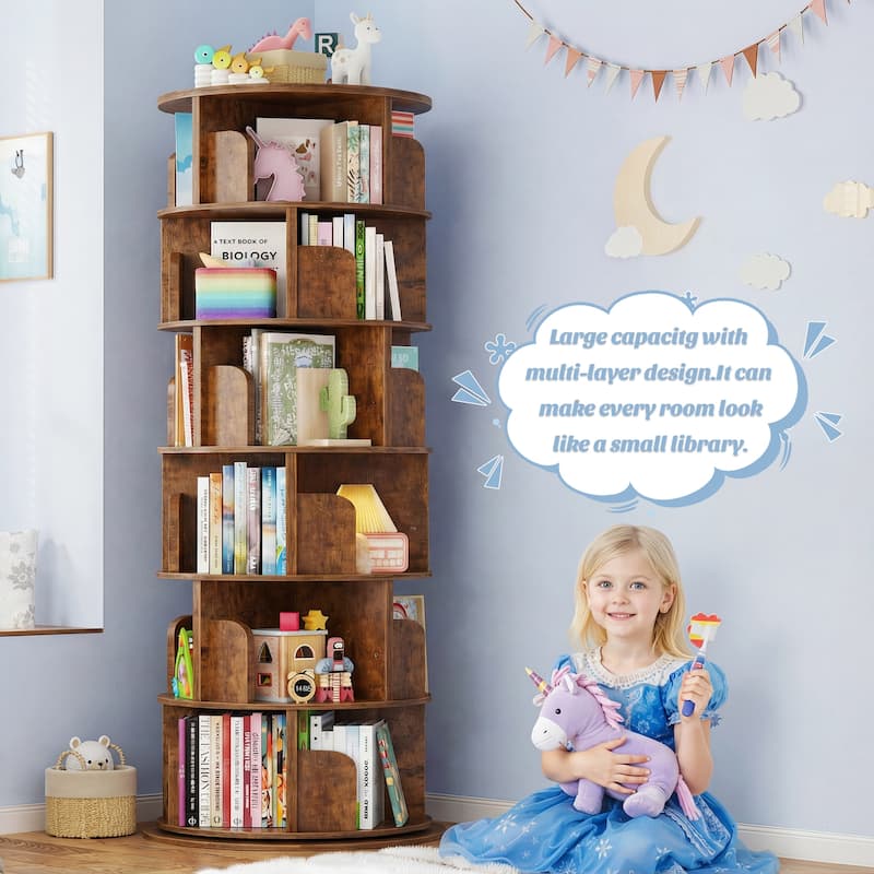 4/5/6 Tiers Round Rotating Bookcase, Revolving Floor Standing Bookshelf Corner Organizer Display