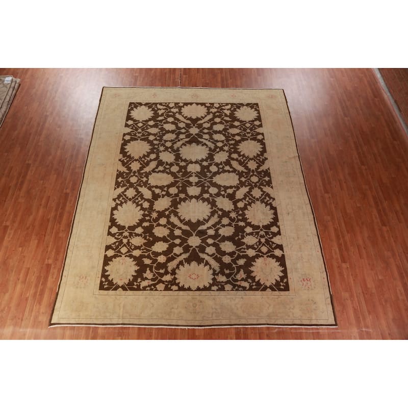 Vegetable Dye Brown Floral Oushak Turkish Rug Hand-Knotted Wool Carpet - 10'4"x 12'9"