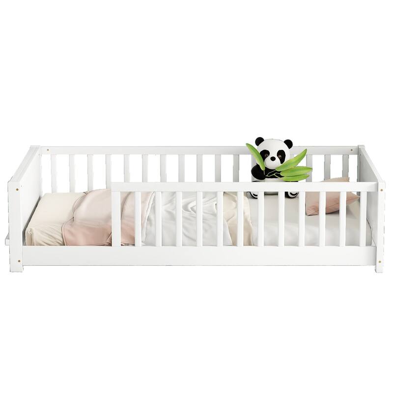GDFStudio - Kensington Twin Floor Platform Bed with Built-in Book Storage Rack and Guardrails