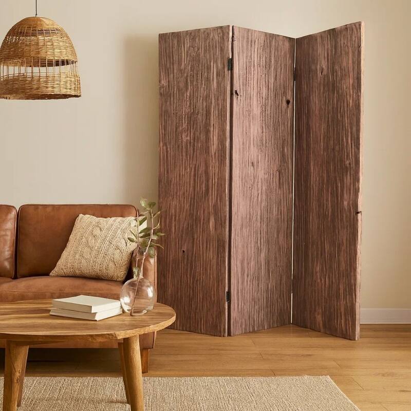 Textured and Bark Designed Wooden 3 Panel Room Divider , Natural Brown