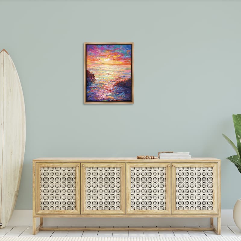 Stupell Vibrant Abstract Ocean Sunset Framed Floater Canvas Wall Art Design by Leon Devenice