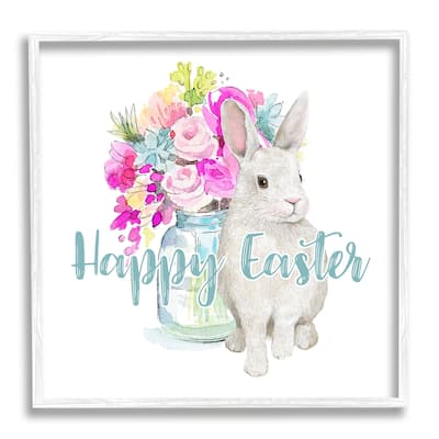 Stupell Happy Easter Calligraphy Bunny Pink Flower Bouquet Framed Wall Art - Multi-Color