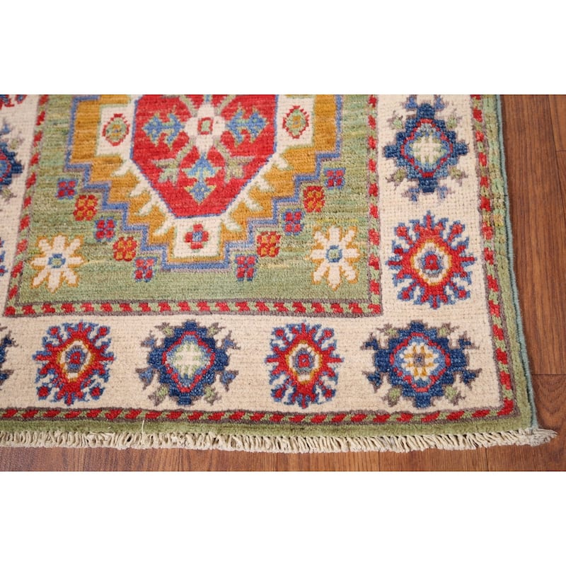 Green Kazak Oriental Accent Rug Hand-Knotted Wool Carpet - 1'11" x 3'1"