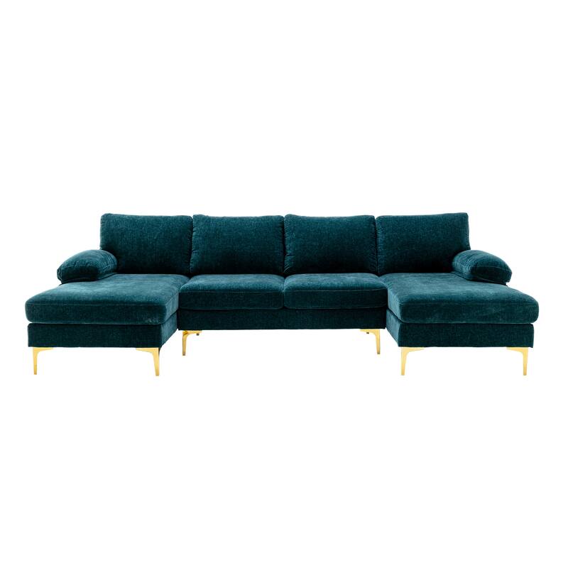 Living Room Chenille Fabric Sofa Sectional Sofa with Cushion Back, Pillow Top Arms, and Metal Legs - Teal