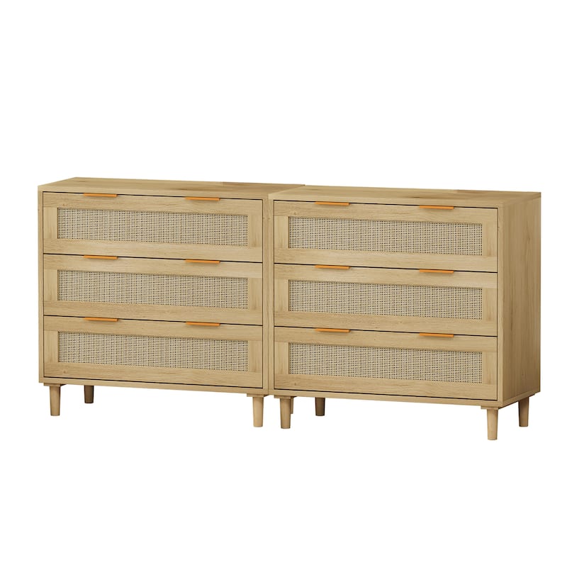 3-Drawers Rattan Storage Cabinet Rattan Drawer (Set of 2) - Natural - 3-drawer