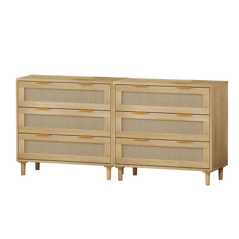 Boho Rattan Dresser with 3 Drawers, Wooden Dresser Chest of Drawers for Bedroom Hallway