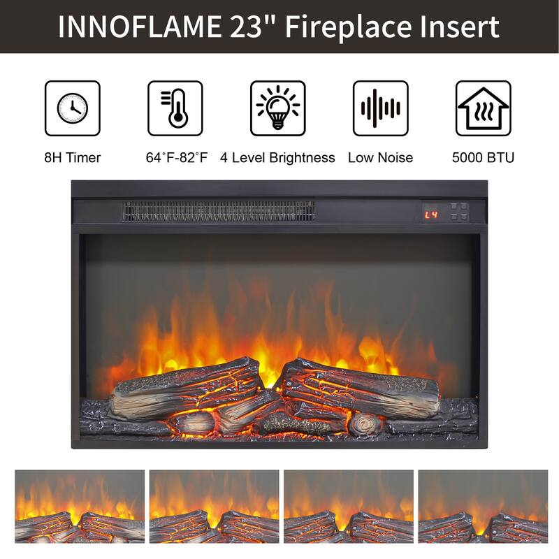 26 inch electric fireplace insert, ultra thin heater with log set & realistic flame, remote control with timer