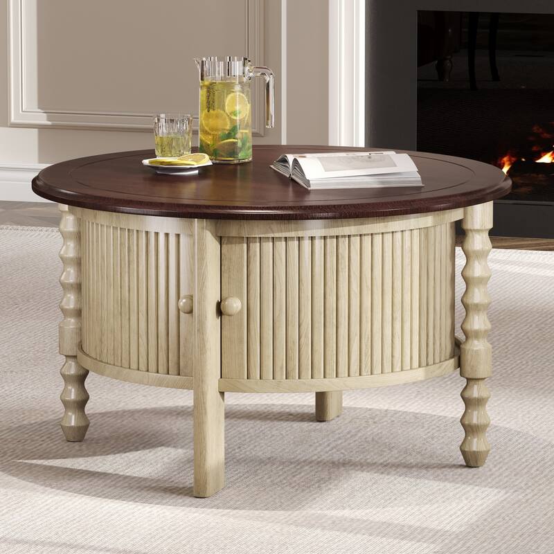 30''x30'' Vintage Round Coffee Table with Sliding Door