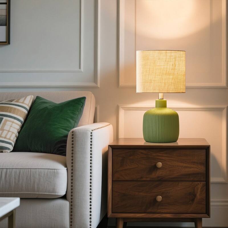 KAWOTI Fluted Ceramic Table Lamp (H18.25" x W10" x D10") - Painted Green