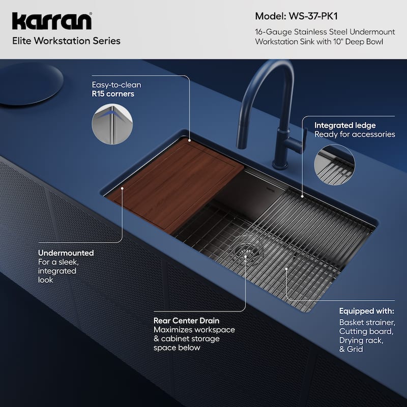 Karran 32" Undermount Large Single Bowl Stainless Steel Workstation Sink