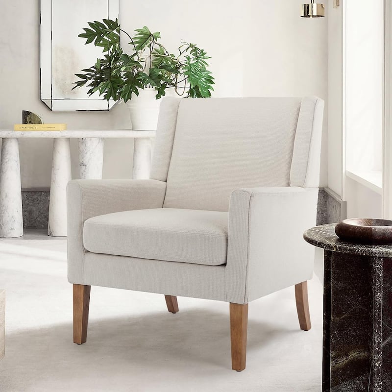 Mid-Century Linen Wing Chair - Tailored Channel Tufting & Walnut Tapered Legs, Compact Accent for Reading Nooks