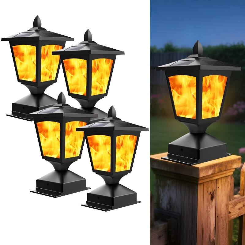 Solar Post Cap Lights for 4x4 Fence Flickering Flame LED Waterproof - 4 Pack