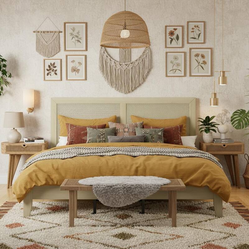 Solid Wood Platform Bed with Handwoven Rattan Headboard by Christopher Knight Home - California King