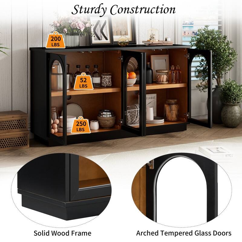 Spruce & Spring 4-Door Large Storage Buffet Cabinet with Glass Doors