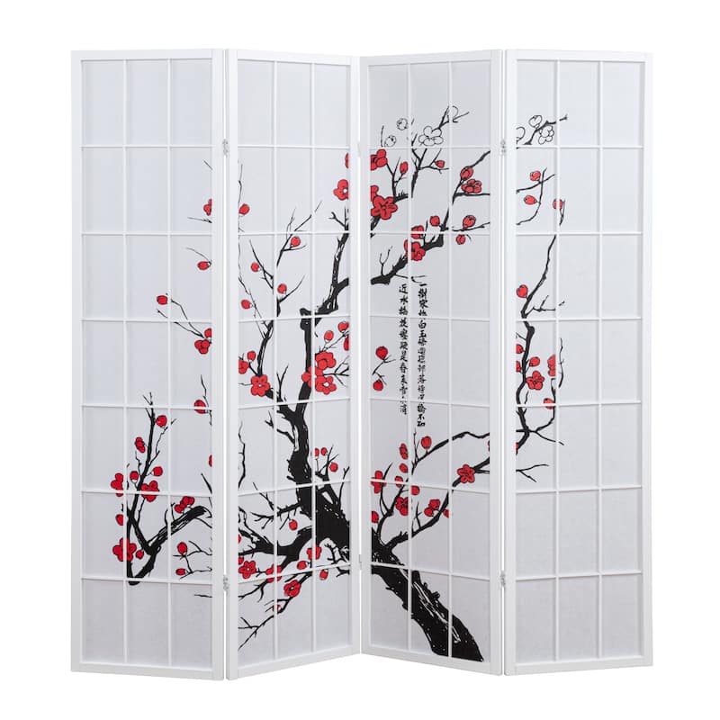 Roundhill Furniture Japanese 4-Panel Screen Room Divider, Plum Blossom