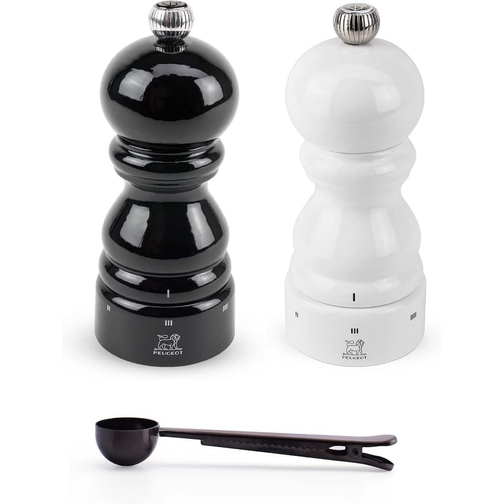 Peugeot Paris u'Select Salt & Pepper Mill, Gift Set, Black & White Lacquer - With Stainless Steel Spice Scoop/Bag Clip (5 Inch)