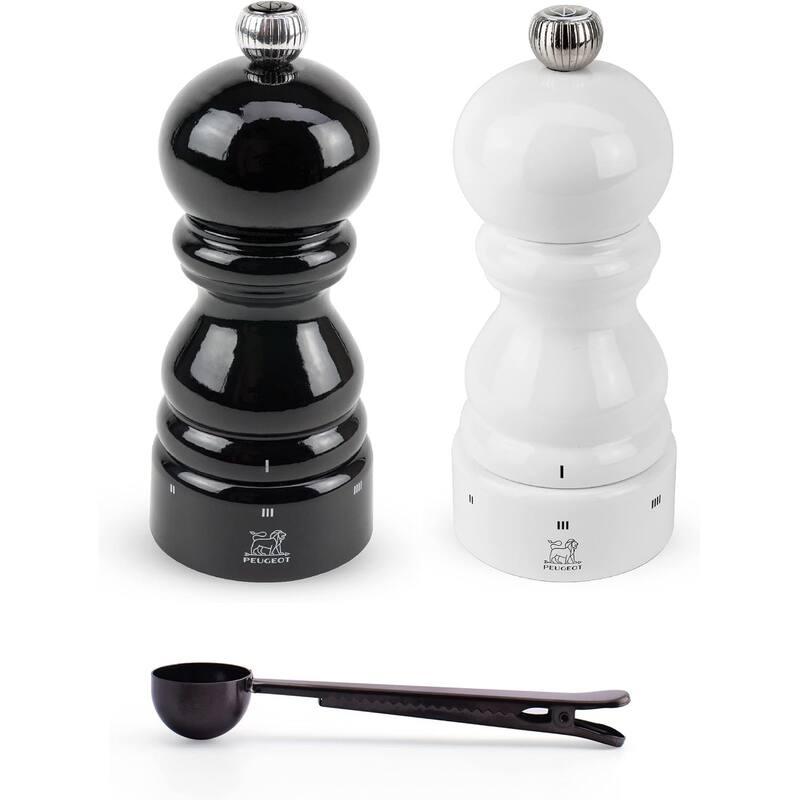 Peugeot Paris u'Select Salt & Pepper Mill, Gift Set, Black & White Lacquer - With Stainless Steel Spice Scoop/Bag Clip (5 Inch) - 3 Piece