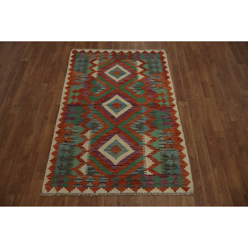 Hand Woven Oriental 100% Wool Carpet Southwestern Tribal Multi-Colored Kilim Area Rug - 4' 10'' X 3' 3''