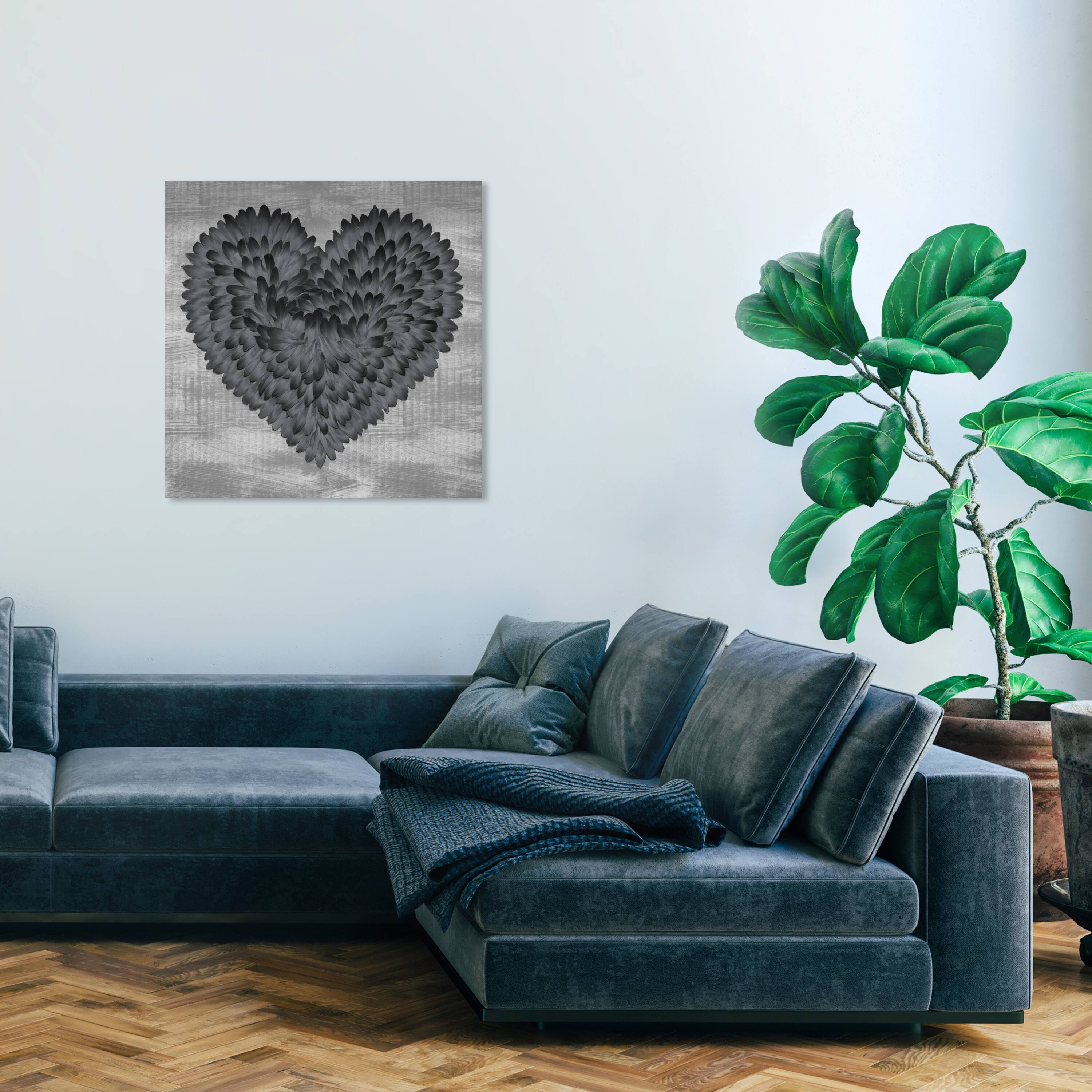 Wynwood Studio Canvas Fashion and Glam Grey on Grey Feather Heart Black and Modern & Contemporary Wall Art Canvas Print