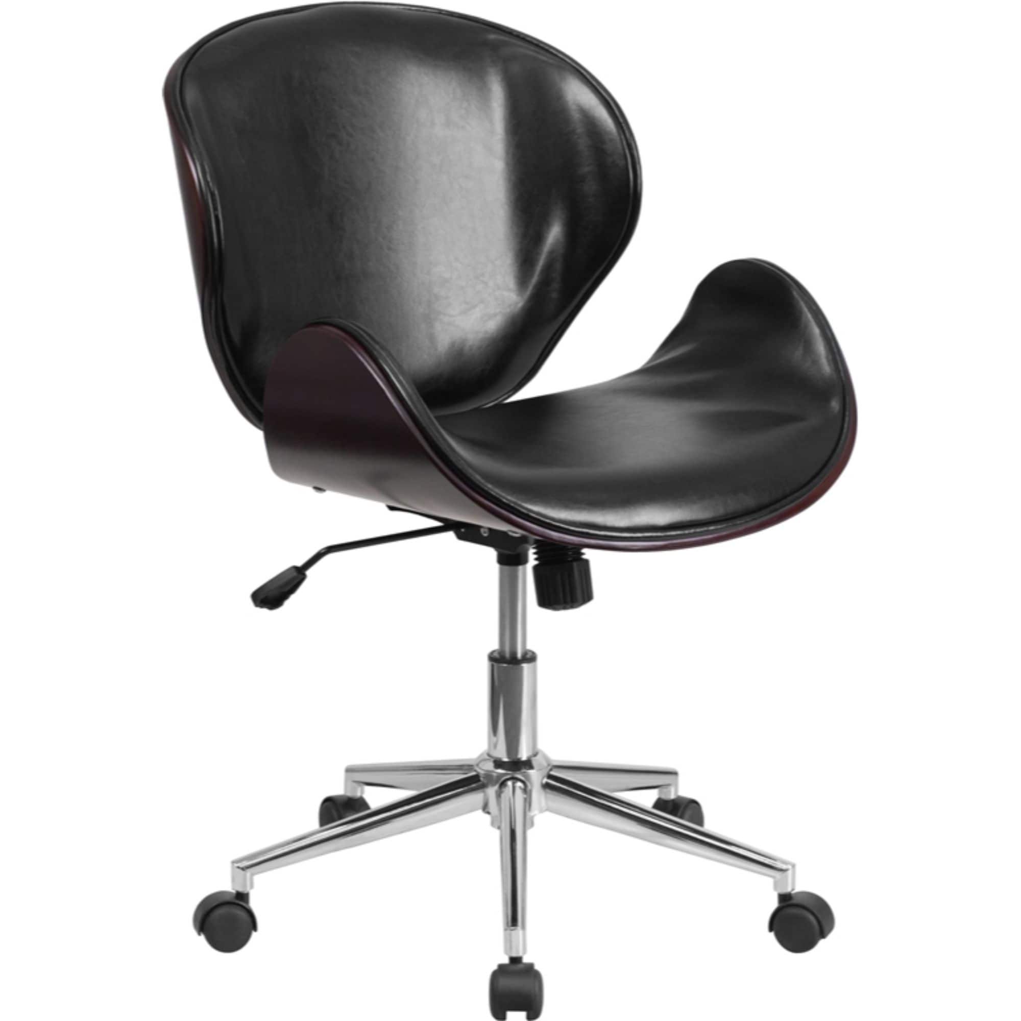 Offex Mid-Back Mahogany Wood Swivel Conference Chair in Black Leather - 21.5"W x 26"D x 32" - 35.25"H
