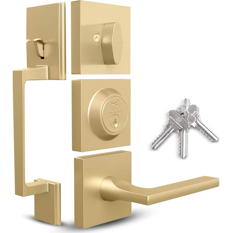 Mega Handles Tobelle Entrance Handleset with Interior Door Lever & Single Cylinder Deadbolt – Stainless Steel – Modern Design -  Entrance Lever and Single Cylinder Deadbolt Keyed Combo I Exterior and Interior|Satin Brass - Straight