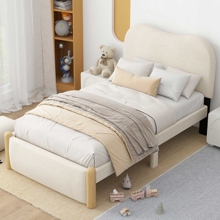 Twin Upholstered Platform Bed w/Wood Supporting Feet & Arc-Shaped Headboard, for Bedroom,Apartment, No Box Spring Needed, Beige