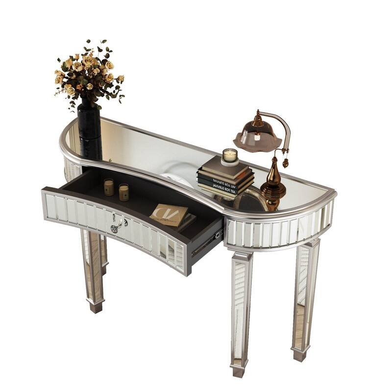 47" Half-Moon Mirrored Console Table with Fluted Glass and Storage Drawer for Stylish Entryway or Vanity