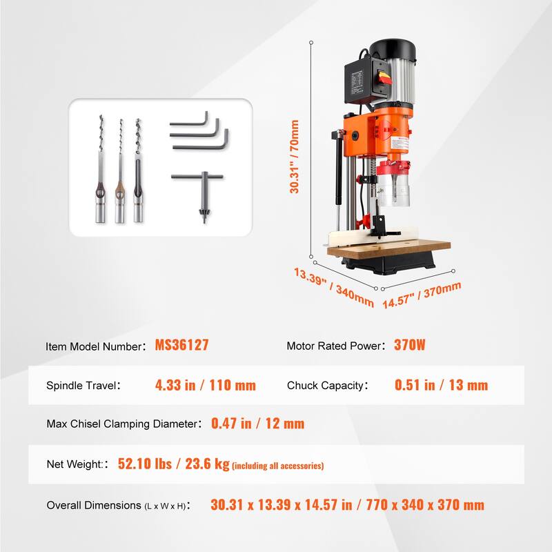 Benchtop Mortise Machine, 370W, 1725 RPM Woodworking Mortising Machine, with 1/4-Inch 3/8-Inch 1/2-Inch Workbench - 1725 RPM