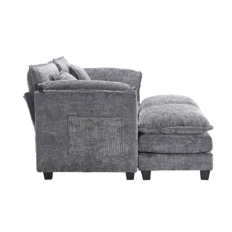 76.77" Chenille Upholstered Sofa with 2 Ottomans