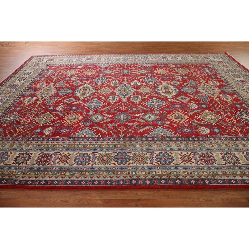 Traditional Red Geometric Kazak Oriental Area Rug Handmade Wool Carpet - 9'6"x 12'10"