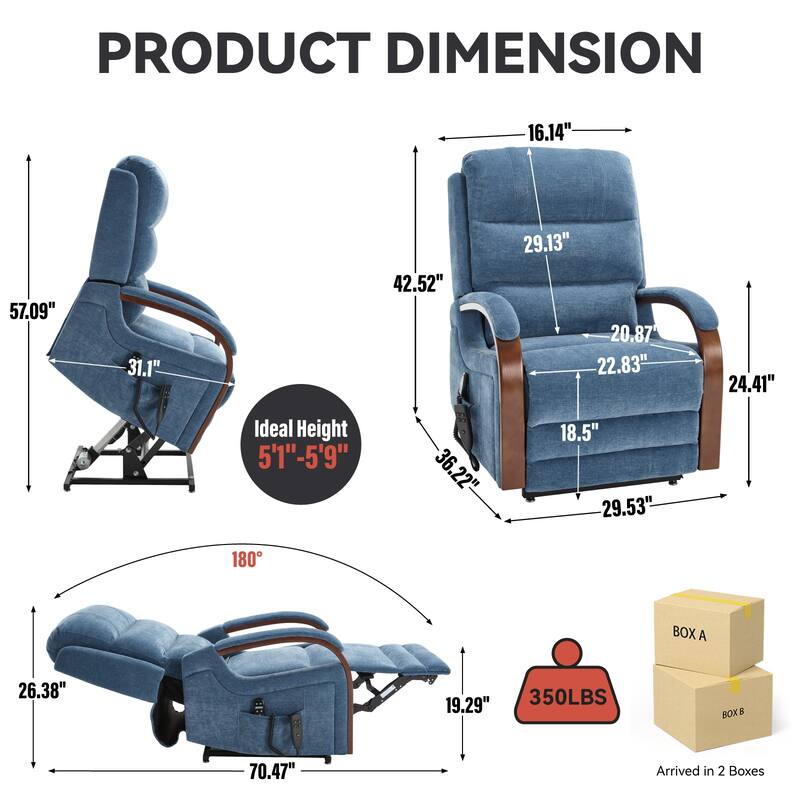 Dual Motor Power Lift Recliner Chair with Massage Heat and Wood Armrests