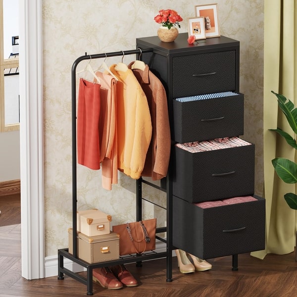 modern dresser with clothing rack Wrought Studio Black Dresser With Hanging Rack, 5 Drawer Clothes Dresser With Charging Station And Led Lights