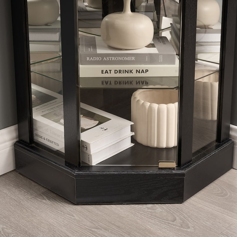 Lighted Corner Curio Cabinet, Glass Display Cabinet with Adjustable Shelves, Accent Cabinet with Curved Top Carving
