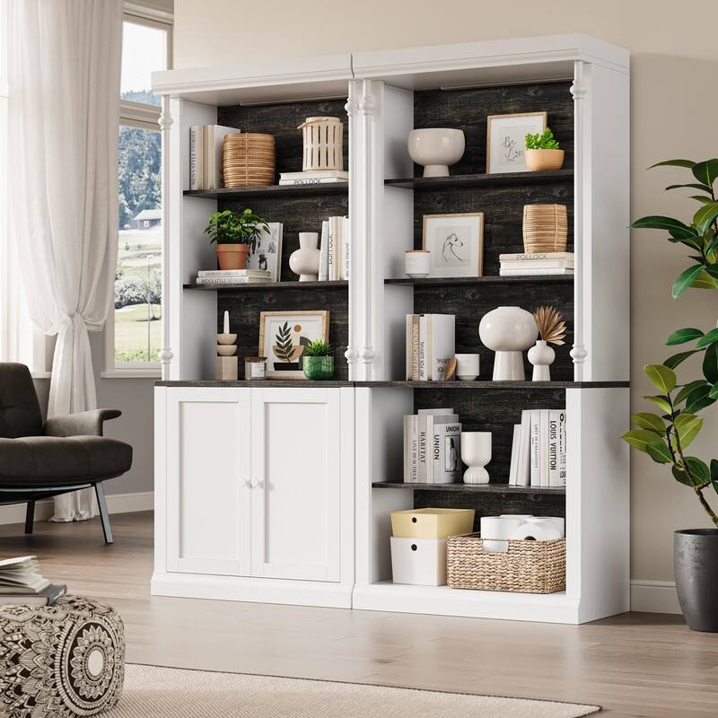 5-Tier Roman Column Style Bookcase with Cabinet Adjustable Shelves and Lights