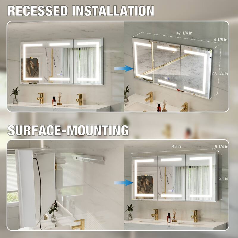 30-48'' W x 24'' H Surface or Recessed LED Bathroom Medicine Cabinet With Mirror,Defog & Quiet Hinges
